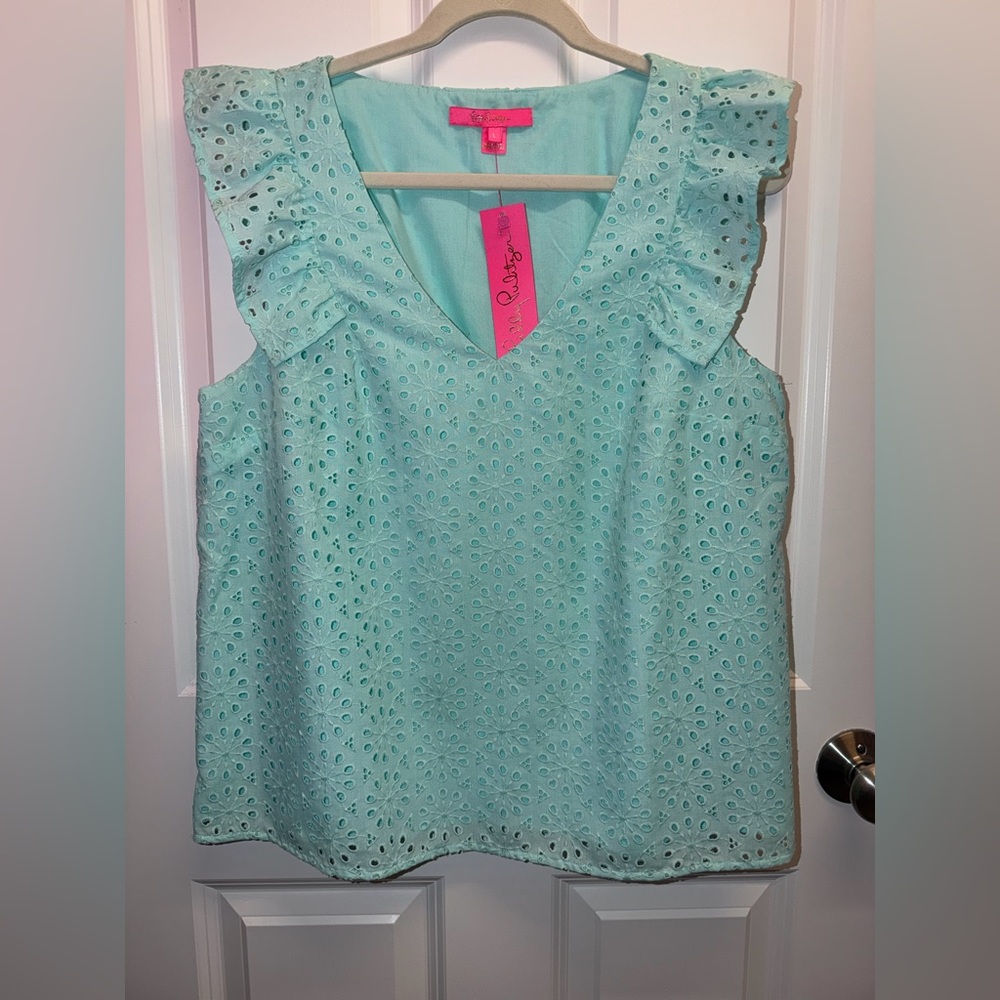NWT Lilly Pulitzer Lina eyelet top size L aqua surf blue